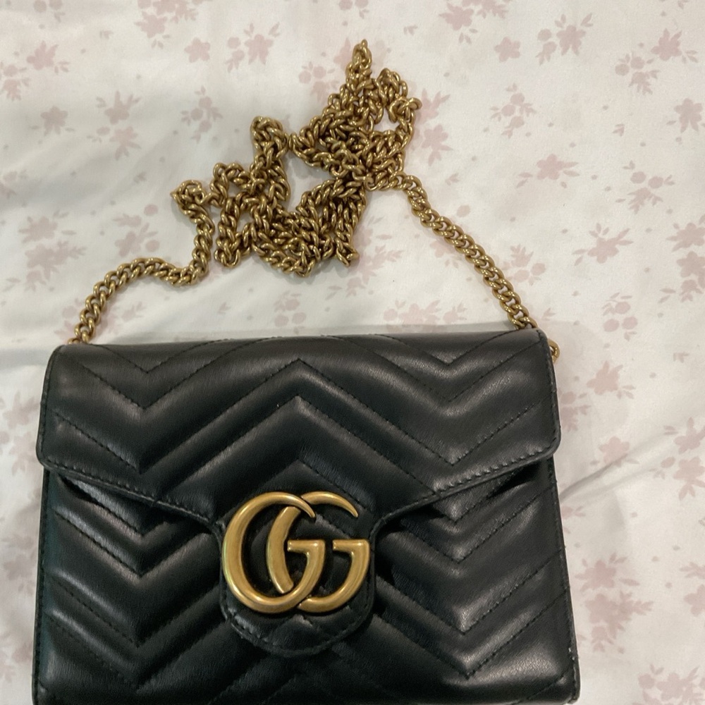Gucci Black Chevron Leather Bag with Gold Chain